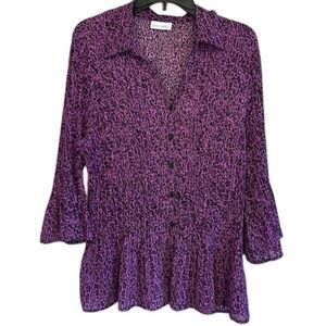 Fashion Bug Vintage Purple Black Leopard Print Button Up Women's Blouse MD